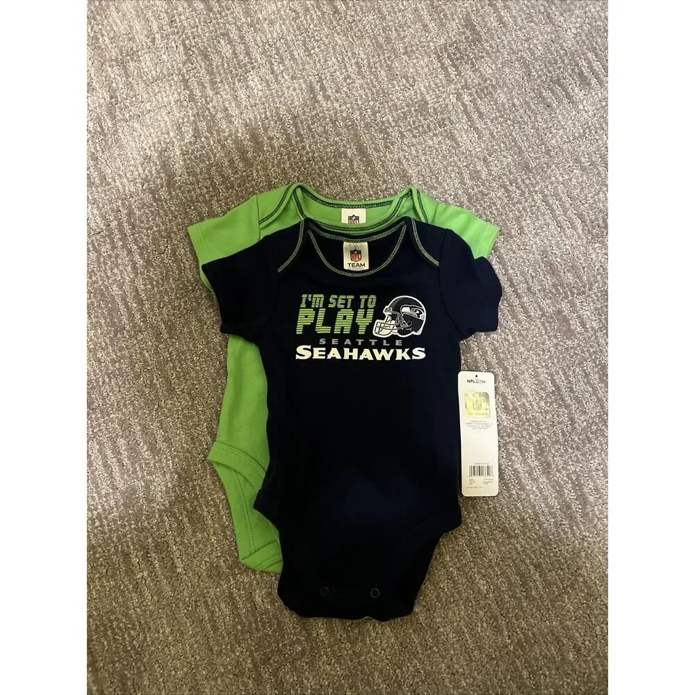 2-Infant NFL Licensed Seattle Seahawks Bodysuit Size 0-3mo Blue & Green NWT